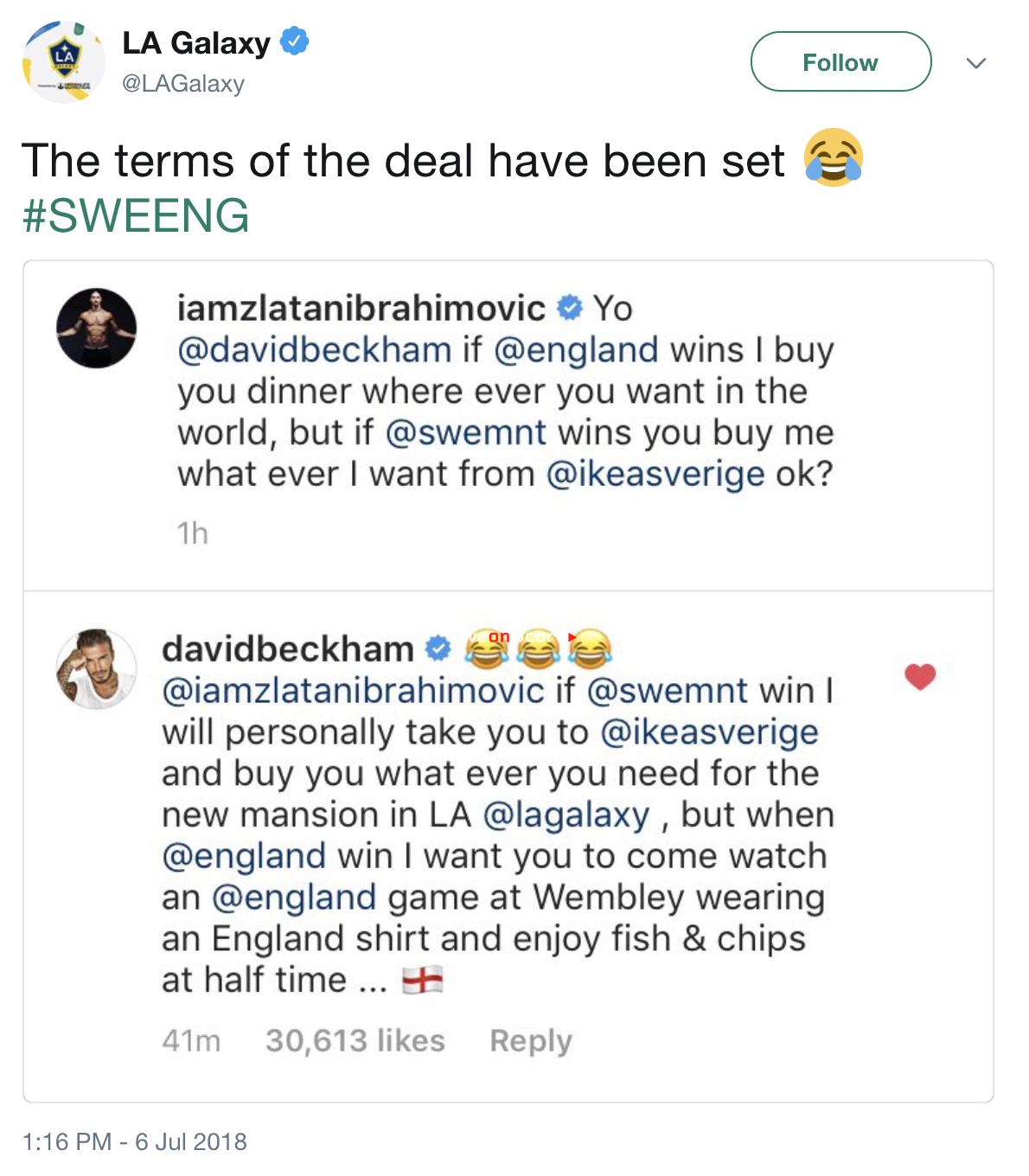 デビッドベッカムとズラタンイブラヒモビッチはイングランド対スウェーデンワールドカップで賭ける デビッドベッカムとズラタンイブラヒモビッチはイングランド対スウェーデンワールドカップで賭ける